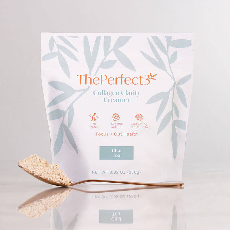 ThePerfect3 Chai Tea Collagen Creamer bag with spoon in front